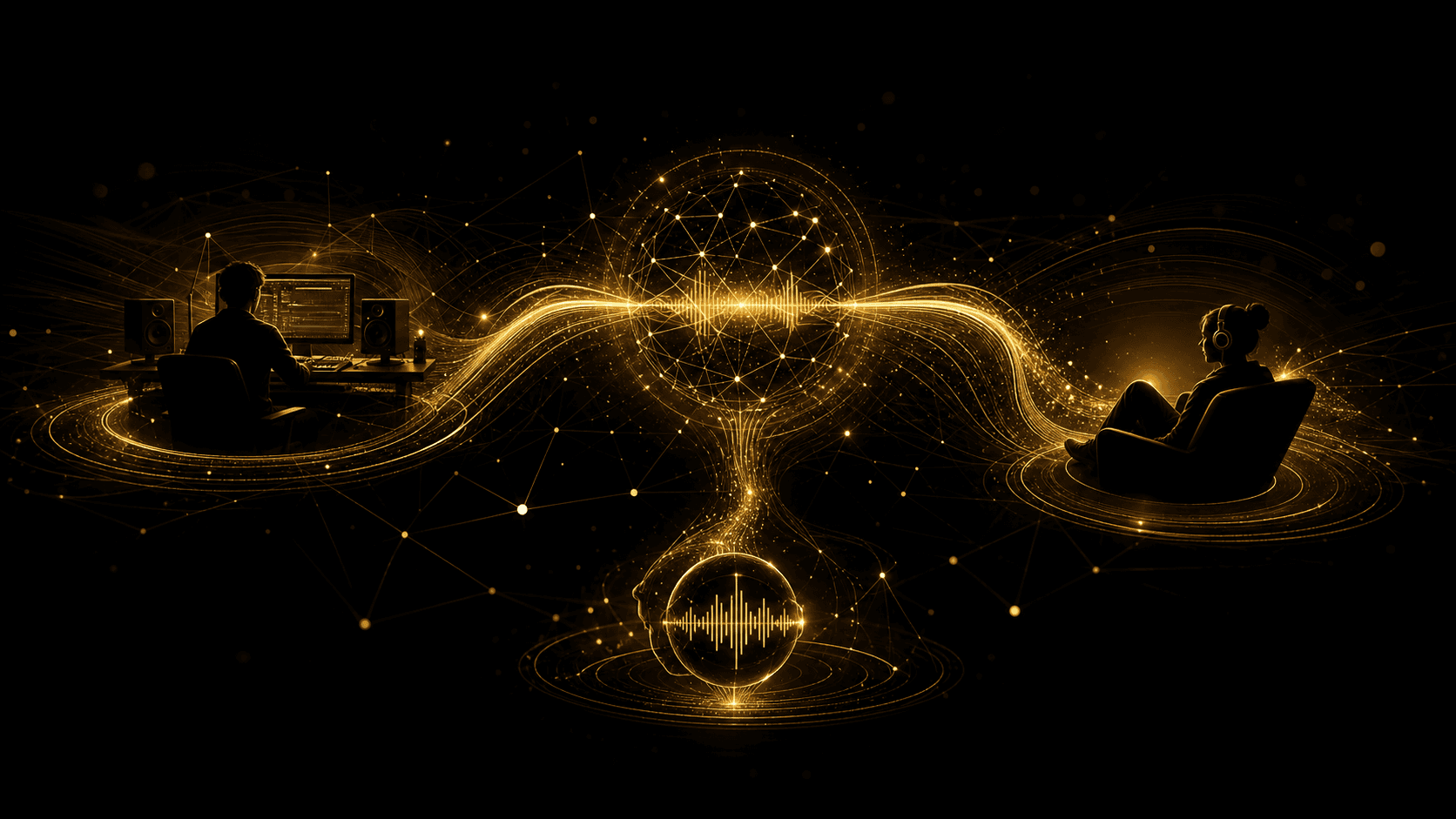 Silhouettes of a producer and a listener joined by a sound wave