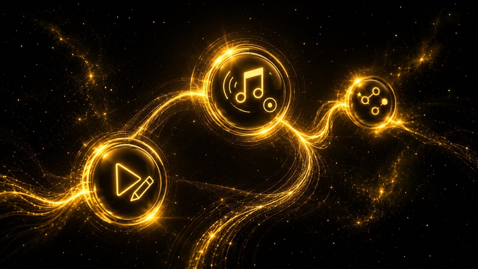 Connected creator, listener, and AI music ecosystem represented by gold sound waves