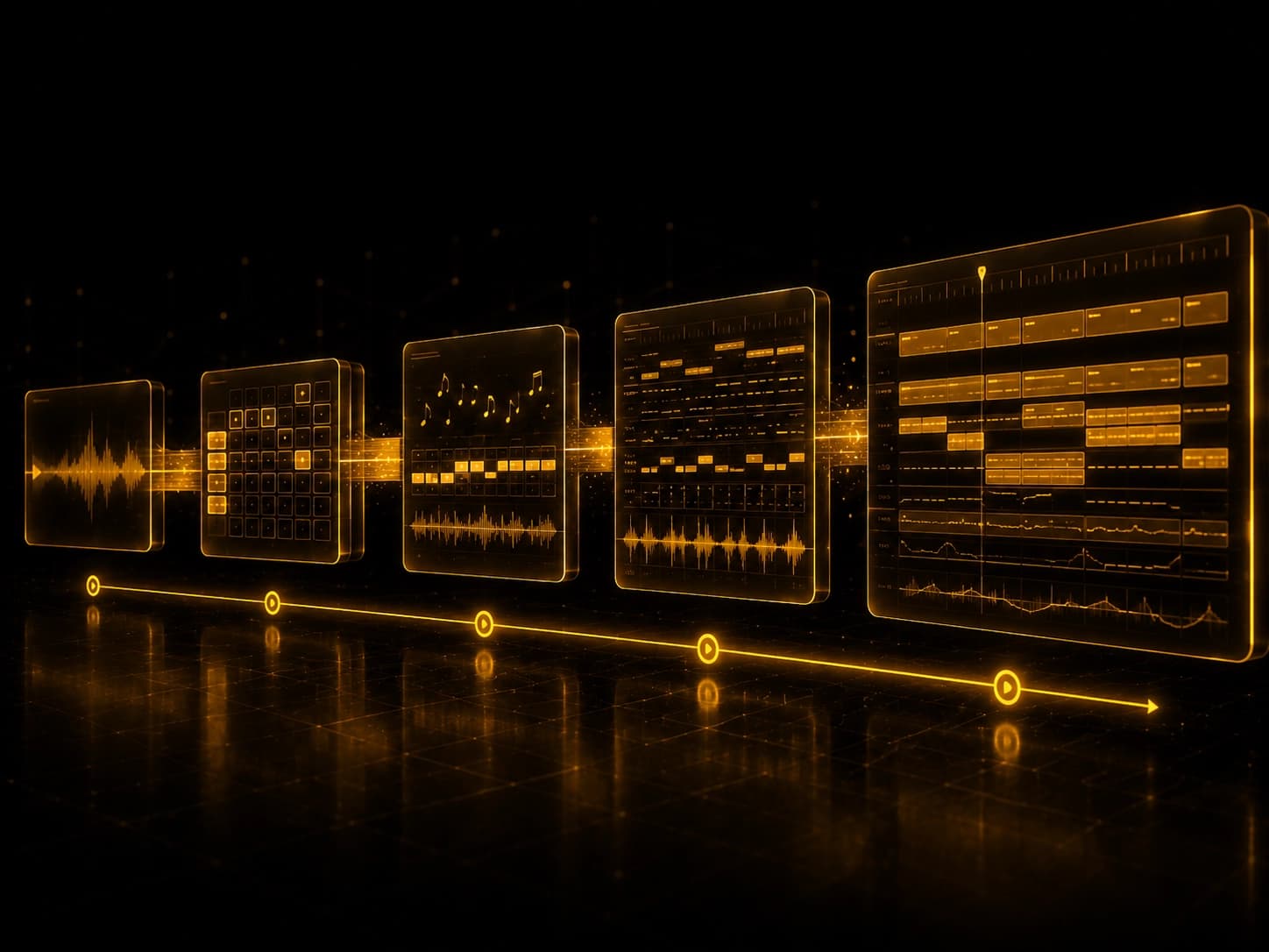 Abstract visual representation of an AI music model generating sound