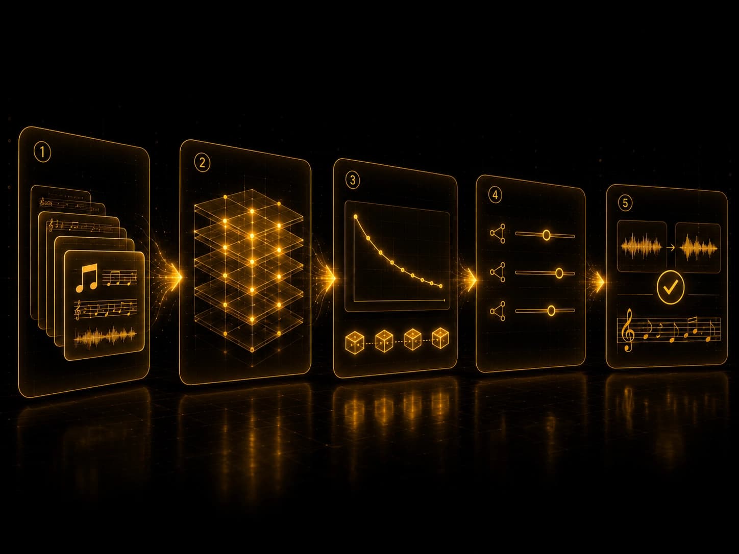 Abstract visual representation of training and fine-tuning a music model