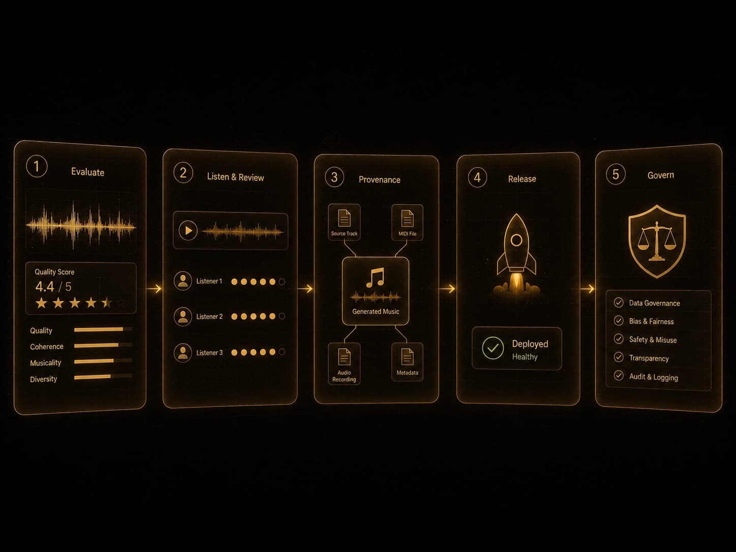 Abstract visual representation of evaluating and responsibly releasing an AI music model