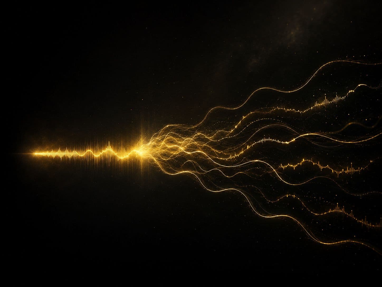Bright golden audio waveform on the left bursting into flowing streams of golden data lines against black