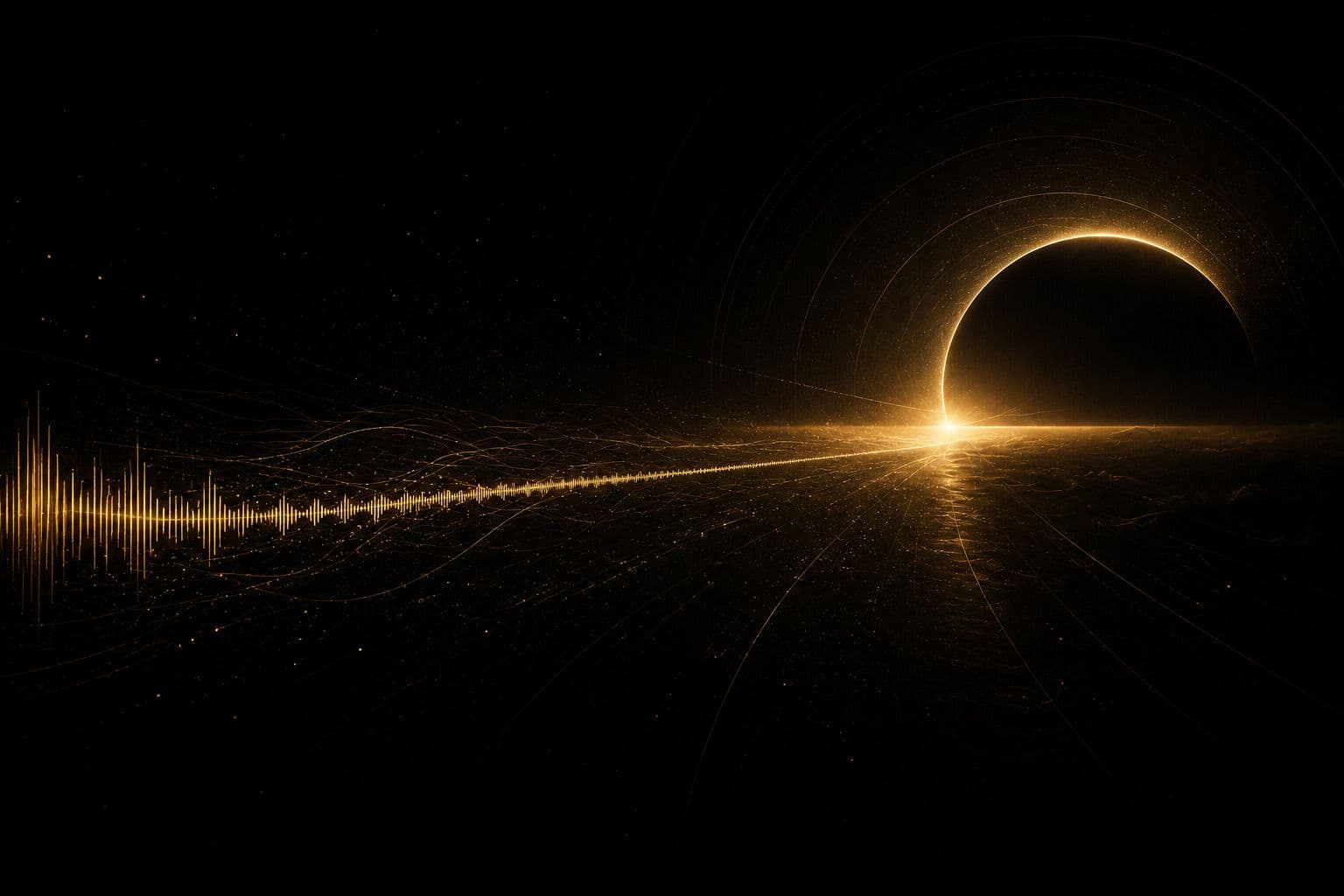 Cinematic golden eclipse glowing on a dark horizon over a shimmering plain, with a bright soundwave flowing toward it, on black